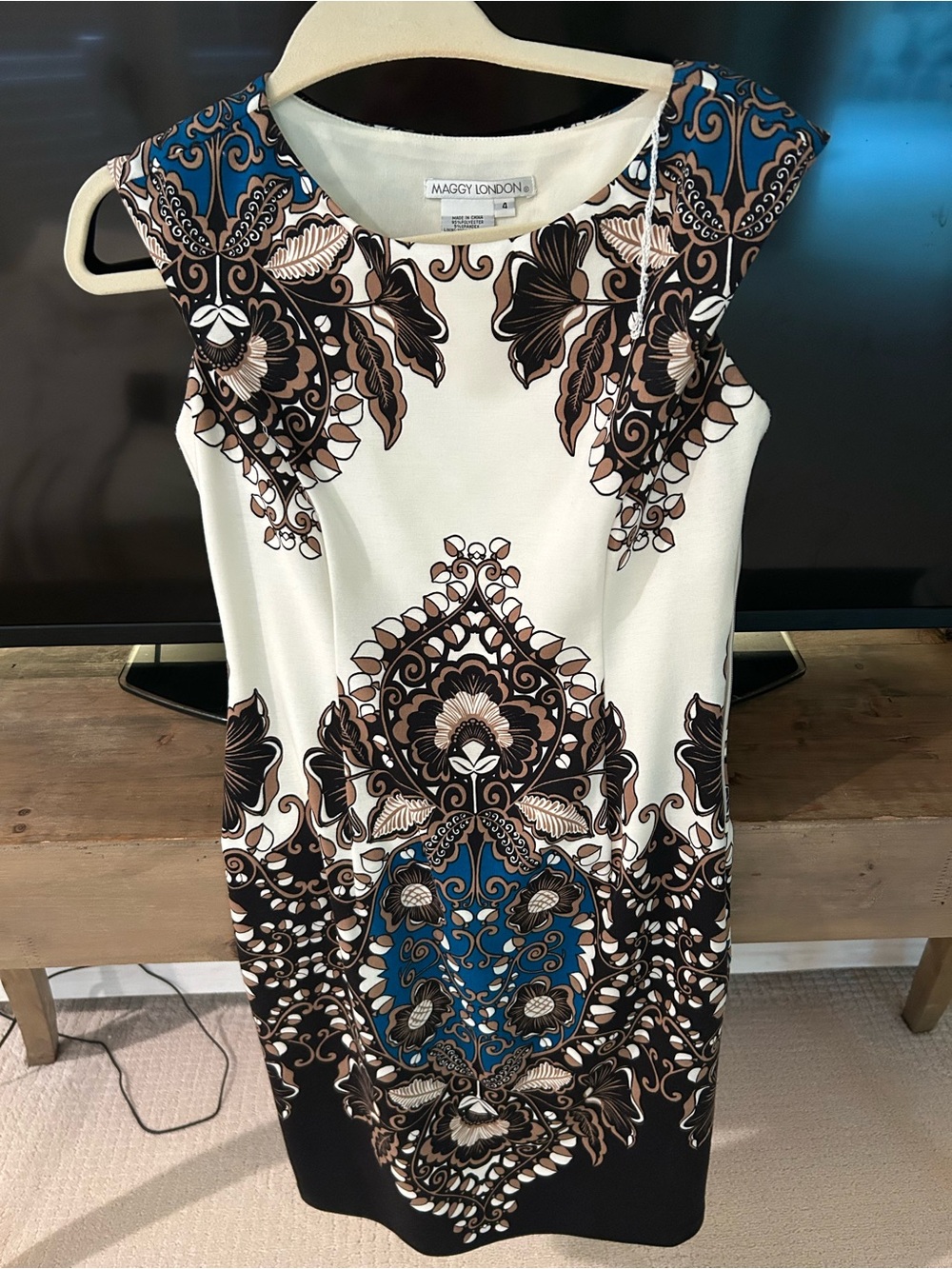 Maggy London Cream Dress with Brown and Blue Medallion Print